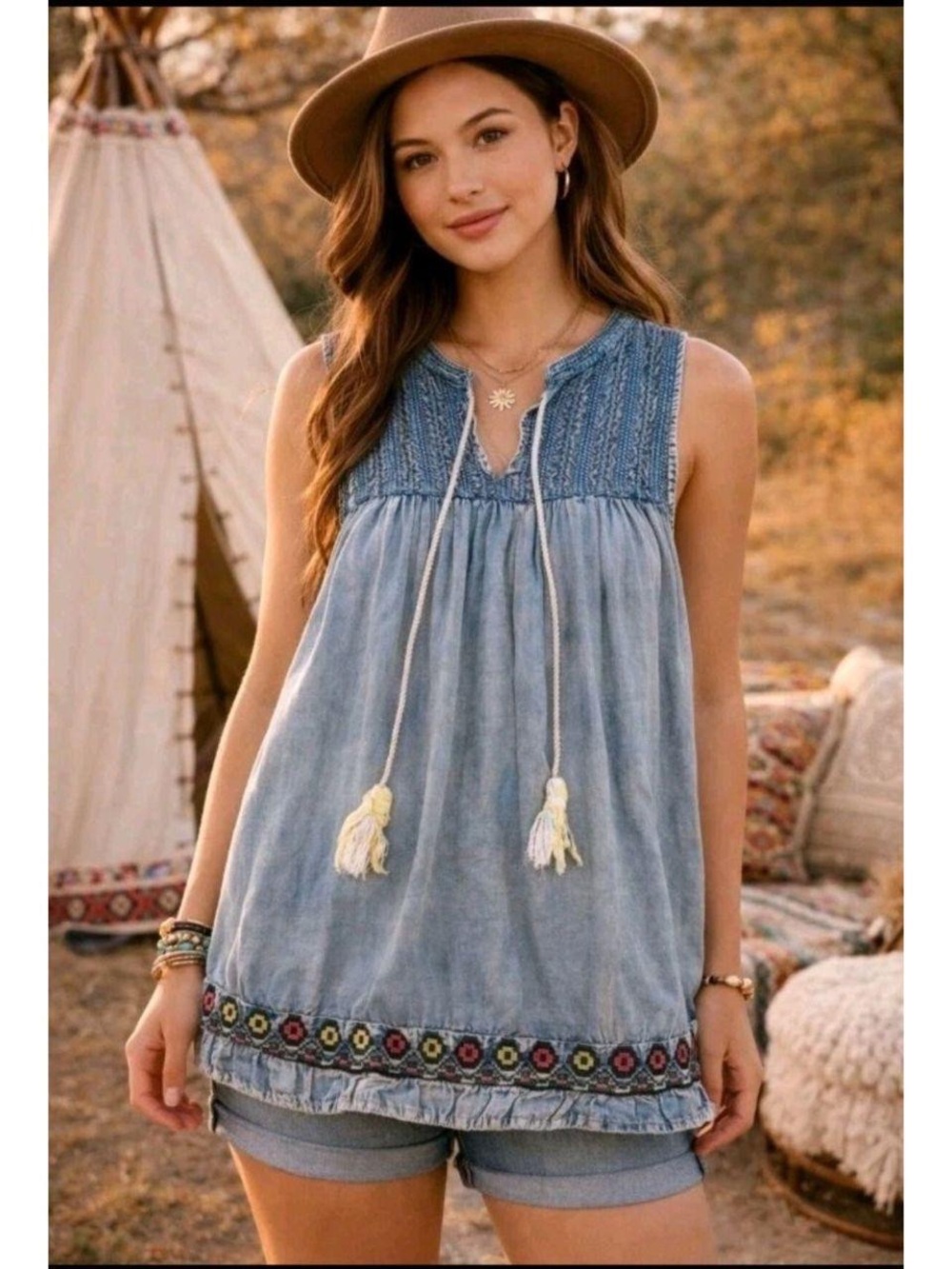 Rachel Zoe Navy Denim Blue Sleeveless Embroidered Boho Tunic Top